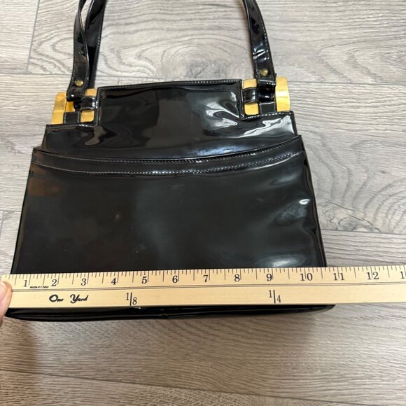 Lux Black Patent Leather Handbag Glossy VTG 60s Top Handles Gold Tone Hardware - Picture 10 of 14